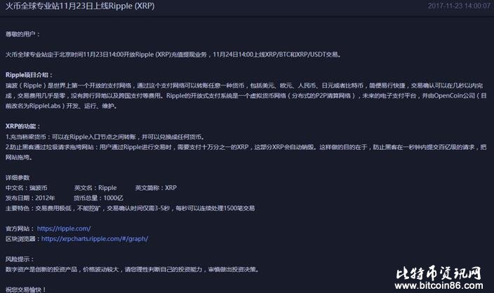火币Pro公告上线Ripple (XRP)